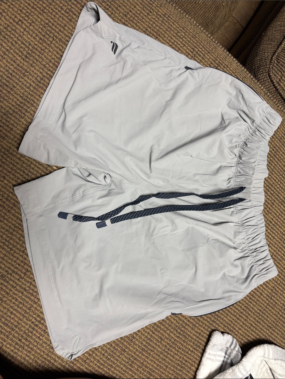 Fabletics Men's Light Gray Athletic Shorts with Navy Drawstring